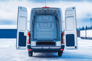 Rear doors of a white van open empty truck visible