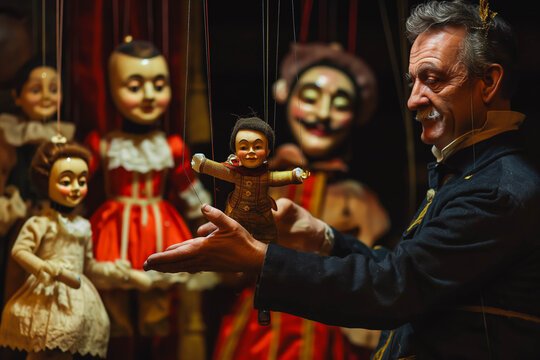 Puppeteer manipulating marionettes in a theater performance.