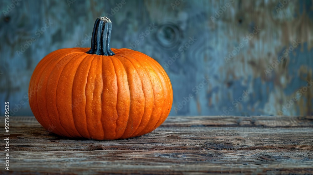 Wall mural a small decorative orange pumpkin on a wooden table, designed as a header for a happy thanksgiving d