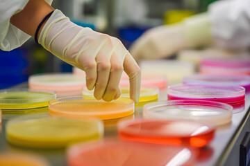 Scientist examining petri dishes with bacterial cultures in a lab.