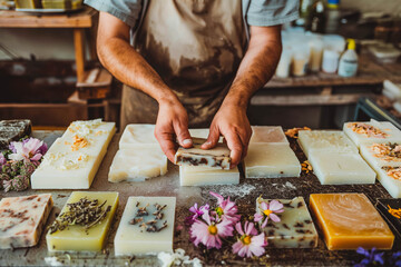 Soapmaker creating handcrafted soap bars with natural ingredients.