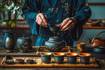 Tea sommelier conducting a traditional tea ceremony.