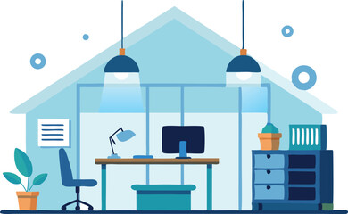 A stylish home office setup with a desk, computer, seating, and plants creating a productive atmosphere.