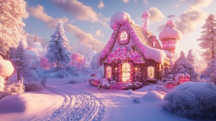 Fototapeta premium 3D render of a magical candy house in the winter snow, with intricate designs and vibrant pink hues, creating an enchanting atmosphere