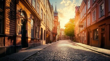 Obraz premium Historic European Cityscape: Cobblestone Streets & Charming Architecture