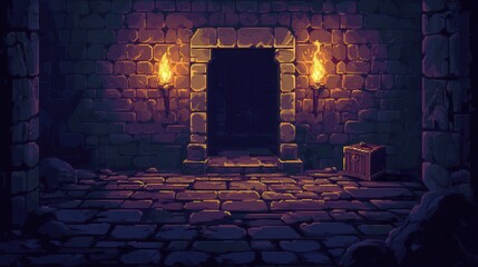 A dimly lit stone corridor with a doorway and torches, evoking a dungeon atmosphere.