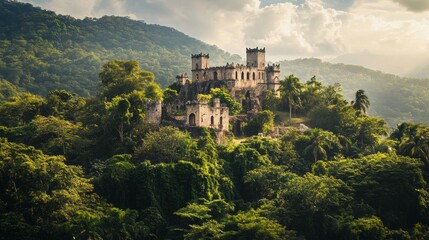 Obraz premium Historic Castle Perched on a Hilltop Amidst Lush Greenery 1