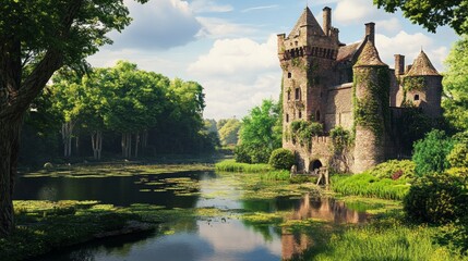 Naklejka premium Historic Castle Amidst Lush Greenery and Tranquil Moat - Stunning View