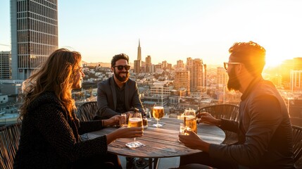 Vibrant Happy Hour Gathering at Urban Rooftop Lounge with Colleagues Enjoying Drinks and City Skyline Views, Generative Ai