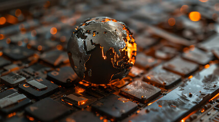 A metallic globe, appearing burnt, sits on a circuit board with orange-glowing components.

