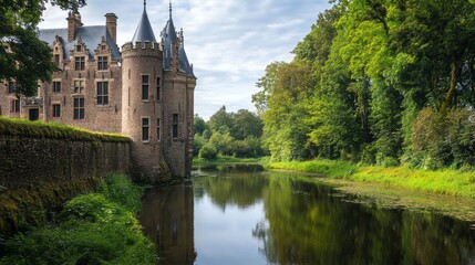 Obraz premium Historic Castle Reflecting in Tranquil Moat Amidst Lush Greenery