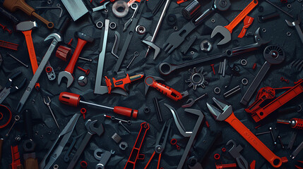 Fototapeta premium a variety of tools, including wrenches, hammers, and screwdrivers, scattered on a dark surface.