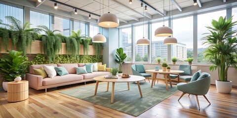 Fototapeta premium Office Oasis: Calm and rejuvenating lunch break, soft colors and soothing patterns, focus on comfort and relaxation in a workplace setting