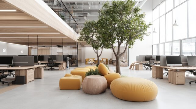 Serene Workspace with Standing Desks, Lounge Chairs, and Collaboration Areas for Productive Work Environment, Generative Ai