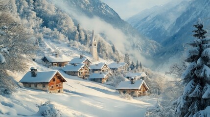 Winter Wonderland: Snow-Covered Village Nestled in Majestic Mountains