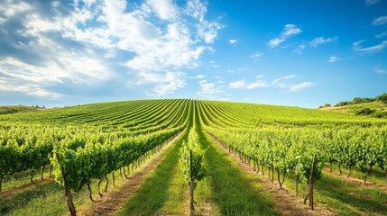 Fototapeta premium Stunning Vineyard Views: Rows of Grapevines Under a Blue Sky