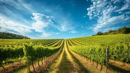 Naklejka premium Sun-Kissed Vineyards: A Breathtaking View of Grapevines Under a Blue Sky