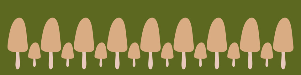 A row of stylized mushrooms on a green background