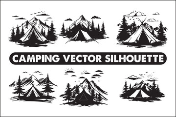 Camping vector black silhouette, outdoor, adventure, tent, nature, forest, campfire, mountains, night, minimalist, wilderness, travel, hike, hiking, trek, explore, wildlife, scenery, landscape 