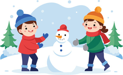 Kids joyfully construct a snowman in a snowy landscape, surrounded by evergreen trees and gentle snowfall.