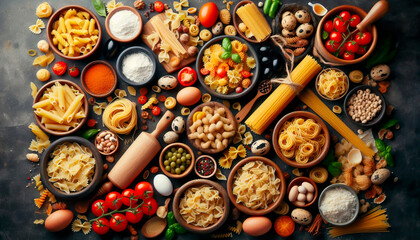 Obraz premium Overhead view of a variety of different types of pasta