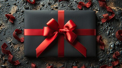 A black gift card with a red ribbon bow, representing a Black Friday concept in a flat lay top view with copy space.