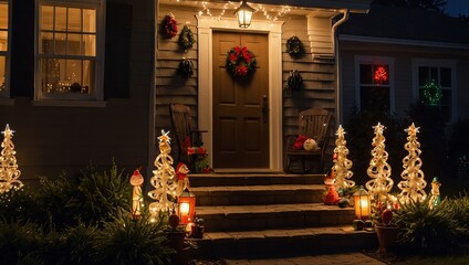 Brightly illuminated christmas decorations on front yard porch
