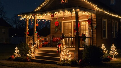 Brightly illuminated christmas decorations on front yard porch