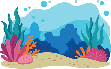 Colorful coral and seaweed create a lively underwater landscape, with gentle bubbles rising in a clear ocean background.