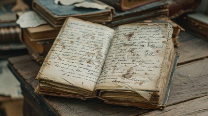 Obraz premium An antique book with handwritten script and water stains lies open on a wooden surface. The pages are yellowed with age, and the book's cover is worn and faded. Other books are visible in the backgrou