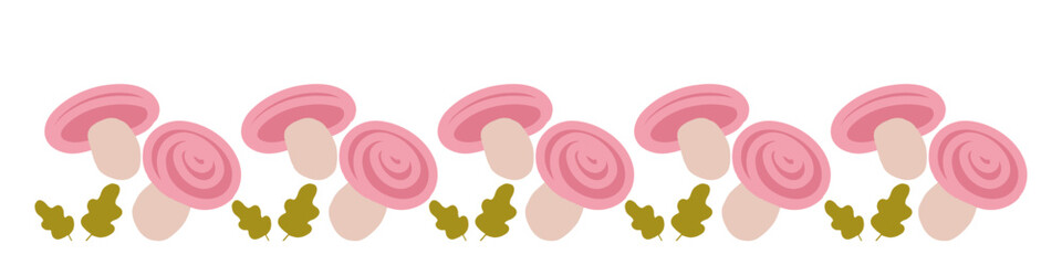 Decorative pattern of pink mushrooms with green leaves on a white background