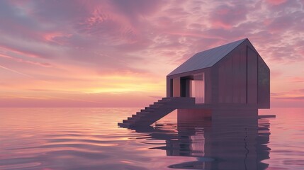 Fototapeta premium Minimalist house on stilts over rippling water at sunset.