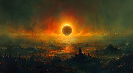Fiery Eclipse Over a Volcanic Landscape - Digital Illustration