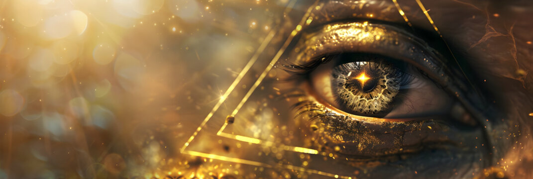 The All Seeing Eye Concept Banner - female eye artistically combined merged with a double linear golden triangle shape, against an ethereal bokeh misty background and copy space
