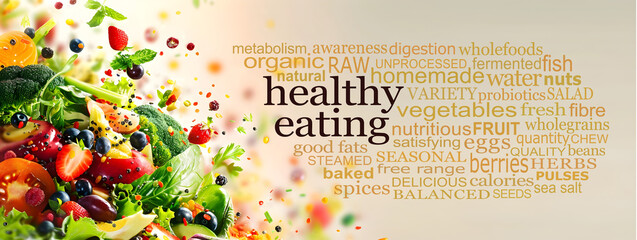 Fruit and veg spilling down the left side of the page with a HEALTHY EATING word cloud on right side ideal for a campaign to raise awareness about eating foods that promote a healthy body and mind

