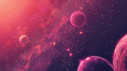 Naklejka premium The image depicts a pink galaxy with multiple planets and stars. The galaxy has a pink and purple hue, with a bright red glow coming from the center. There are several planets, some with visible rings