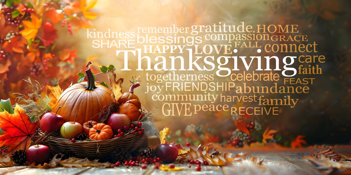 Thanksgiving concept Word Cloud Autumn foods - pumpkin and other seasonal foods in a bowl beside a Thanks giving word cloud on a rustic background with orange and golden leaves
