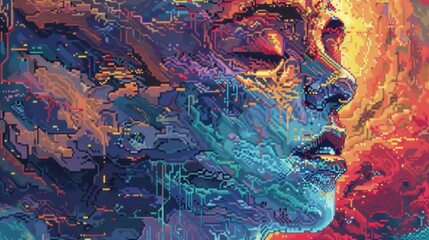 Naklejka premium A digital abstract portrait of a person's face, rendered with a vibrant color palette of blue, purple, and orange. The face is partially obscured by abstract patterns and pixelated textures resembling