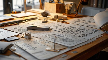 A creative workspace filled with sketches and prototypes of an innovative product redesign, emphasizing the journey from concept to improvement.