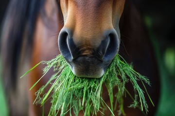 Naklejka premium Chestnut horse eating green grass in a field