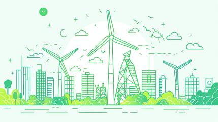  a city skyline with wind turbines and trees, in a green and white color scheme.