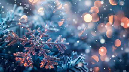 a snowflake with lights and snow falling.