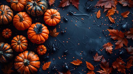 Fototapeta premium A Halloween background featuring gift boxes, pumpkins, spiders, and bats on a black backdrop, creating a Happy Halloween holiday sale discount promotion banner template.
