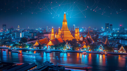 This is a picture of a temple in Thailand with a city skyline in the background. It appears to be a nighttime photo.


