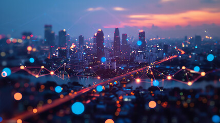 This is a picture of a temple in Thailand with a city skyline in the background. It appears to be a nighttime photo.

