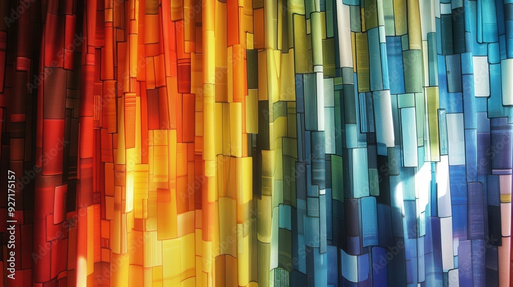 Aufkleber A close-up image of a curtain with a colorful abstract pattern. The curtain is made up of vertical panels with rectangular shapes in various shades of red, orange, yellow, green, blue, and purple. Lig