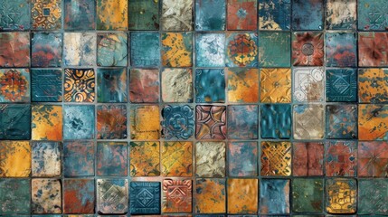 A close-up shot of a colorful ceramic tile mosaic wall, with a variety of blues, yellows, oranges, and greens, arranged in a grid pattern. The tiles are worn and weathered, giving the wall a rustic an