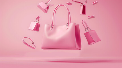 This is a picture of a pink purse floating on a pink background with flowing pink fabric.

