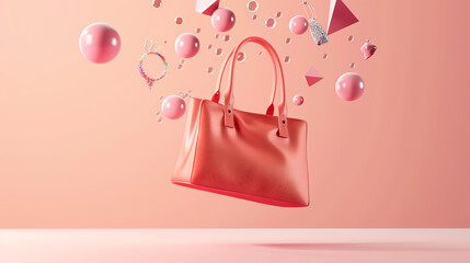 This is a picture of a pink purse floating on a pink background with flowing pink fabric.

