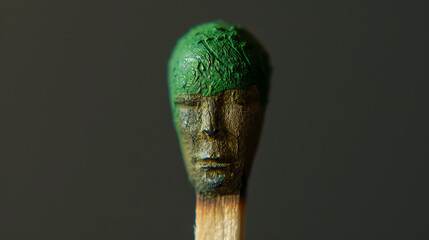 It's a green, small, human-like head sculpture on a burnt matchstick.

